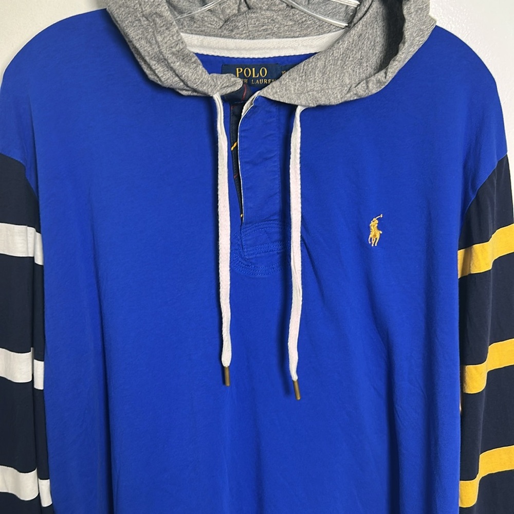 Polo Ralph Lauren Men’s Graphic Print Rugby Hoodie Royal Blue Striped Sleeves XL - Picture 4 of 15